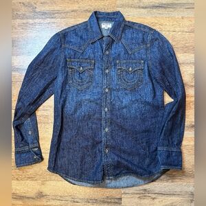 True Religion Denim Shirt Mens Medium Blue Medium Wash Jean Western Pockets